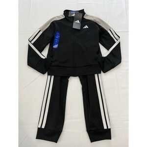 Adidas Kids 2PC‎ Black Track Suit Mock Neck Jacket White Stripes Jogger Pants 7